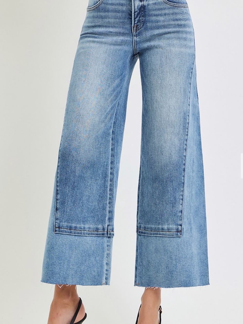 033. Risen, Tummy Control high rise front seam cropped wide leg jeans, various